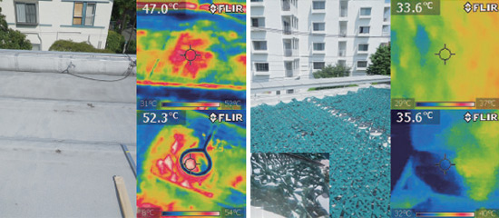 画像：フラクタルひよけ取付前、取付後のコンクリート面の表面温度の比較
