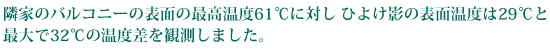 隣家のバルコニーの表面の最高温度61℃に対しひよけ影の表面温度は29℃と最大で32℃の温度差を観測しました。